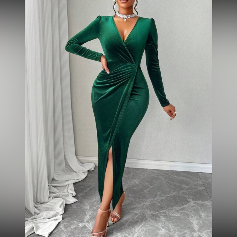 Luxe green surplice neck long sleeve wrap party formal wedding dress - Picture 5 of 6